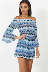 Blue Aztec Print Crochet Bardot Playsuit - Nelly-Playsuits