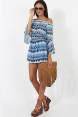 Blue Aztec Print Crochet Bardot Playsuit - Nelly-Playsuits