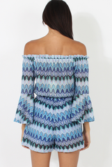 Blue Aztec Print Crochet Bardot Playsuit - Nelly-Playsuits