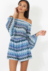 Blue Aztec Print Crochet Bardot Playsuit - Nelly-Playsuits
