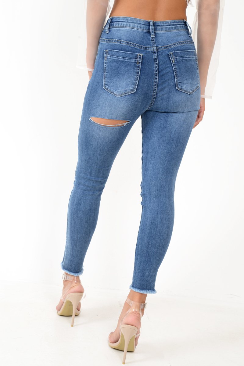 Blue Back Rip Raw Hem Skinny Jeans - Ottilie-Jeans