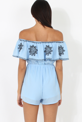 Blue Bandeau Playsuit With Embroidered Detail- Freye-Playsuits