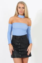 Blue Bardot Choker Crop Top - Scarlett-Crop Tops