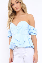 Blue Bardot Corset Ruffle Sleeve Top - Shannen-Tops