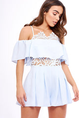 Blue Bardot Crochet Frill Playsuit - Jenner-Playsuits