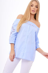 Blue Bardot Floral Embroidered Sleeve Blouse - Clarise-Tops