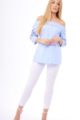 Blue Bardot Floral Embroidered Sleeve Blouse - Clarise-Tops