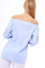Blue Bardot Floral Embroidered Sleeve Blouse - Clarise-Tops