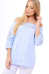 Blue Bardot Floral Embroidered Sleeve Blouse - Clarise-Tops