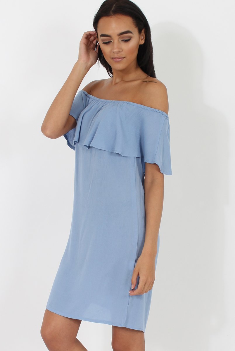 Blue Bardot Frill Dress - Ophelia-Dresses