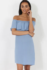 Blue Bardot Frill Dress - Ophelia-Dresses