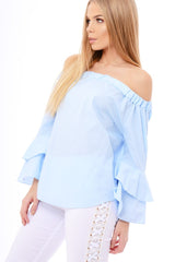 Blue Bardot Frill Sleeve Top - Ruth-Tops