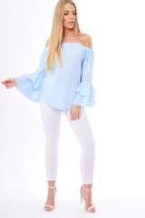 Blue Bardot Frill Sleeve Top - Ruth-Tops