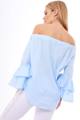 Blue Bardot Frill Sleeve Top - Ruth-Tops