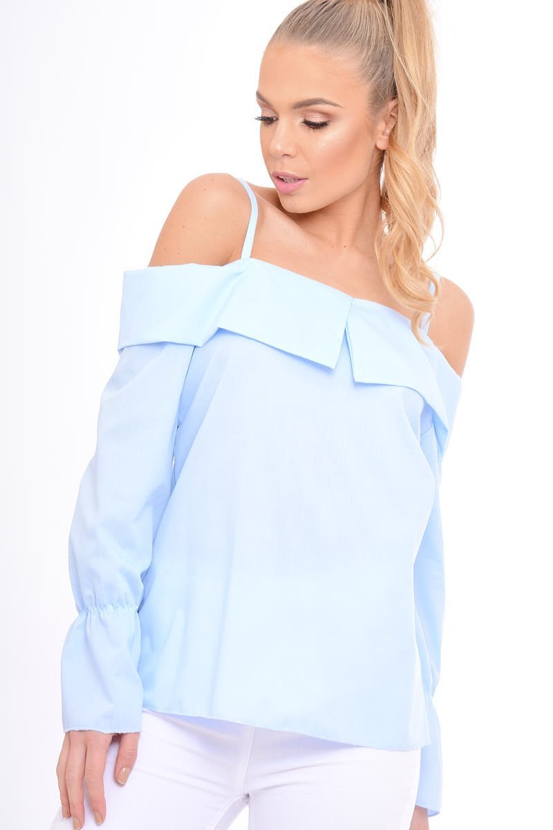 Blue Bardot Strappy Bell Sleeve Top - Kandice-Tops