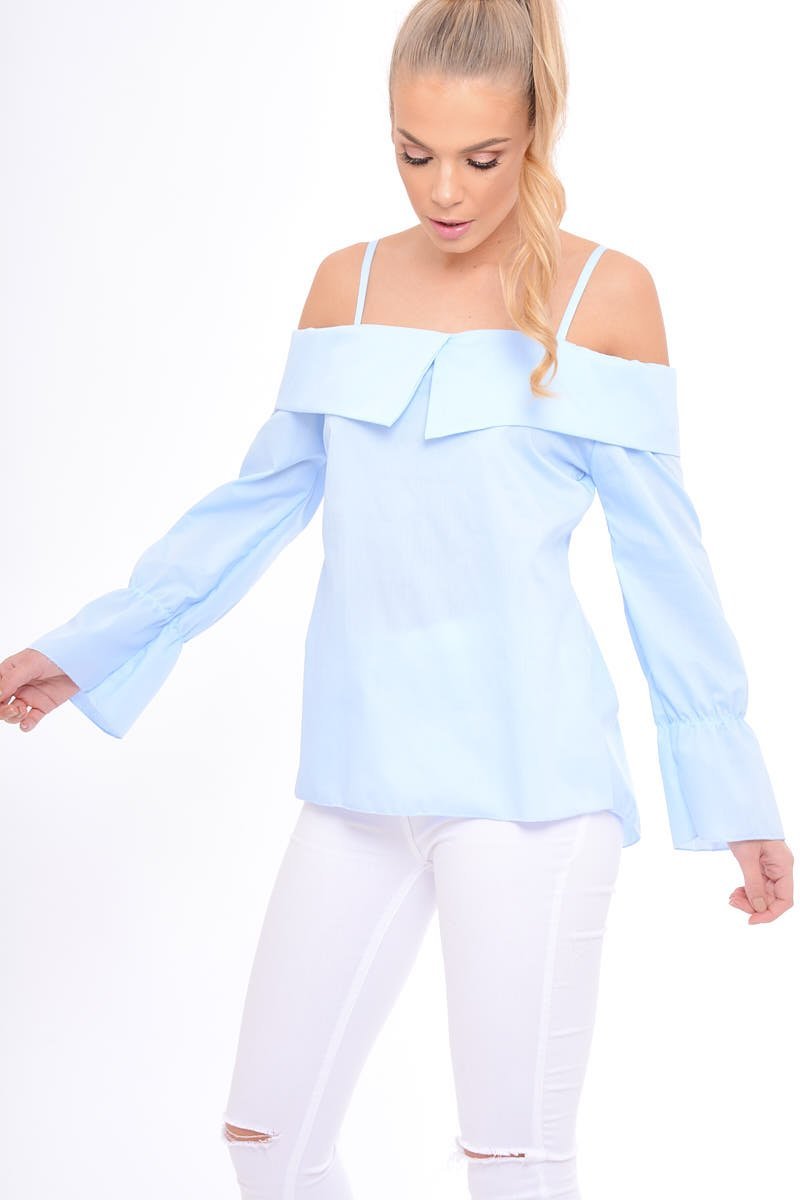 Blue Bardot Strappy Bell Sleeve Top - Kandice-Tops