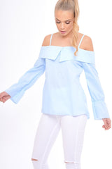 Blue Bardot Strappy Bell Sleeve Top - Kandice-Tops