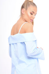 Blue Bardot Strappy Bell Sleeve Top - Kandice-Tops