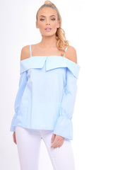 Blue Bardot Strappy Bell Sleeve Top - Kandice-Tops
