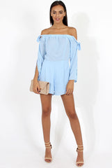 Blue Bardot Tie Sleeve Playsuit - Elisa-Playsuits