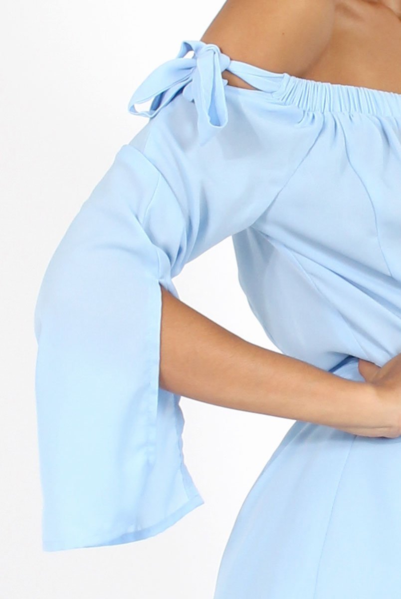 Blue Bardot Tie Sleeve Playsuit - Elisa-Playsuits
