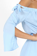 Blue Bardot Tie Sleeve Playsuit - Elisa-Playsuits