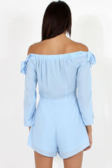 Blue Bardot Tie Sleeve Playsuit - Elisa-Playsuits