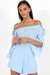 Blue Bardot Tie Sleeve Playsuit - Elisa-Playsuits
