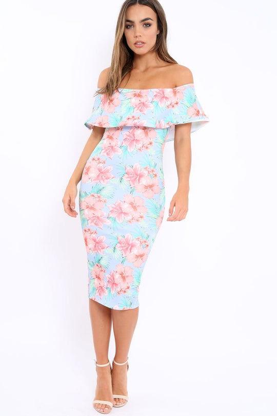 Blue Bardot Tropical Floral Midi Dress - Anaise