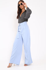 Blue Belted High Waist Wide Leg Trousers - Elianny-Trousers
