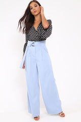Blue Belted High Waist Wide Leg Trousers - Elianny-Trousers