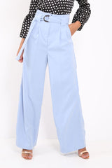 Blue Belted High Waist Wide Leg Trousers - Elianny-Trousers