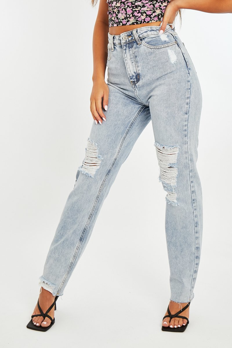 Blue Bleach Washed Distressed Straight Leg Jeans - Holly-Jeans