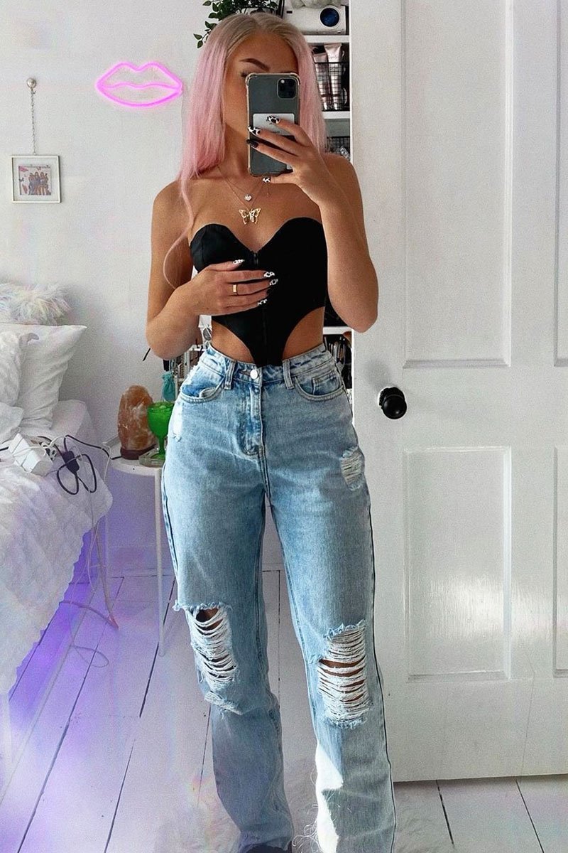 Blue Bleach Washed Distressed Straight Leg Jeans - Holly-Jeans