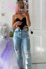 Blue Bleach Washed Distressed Straight Leg Jeans - Holly-Jeans