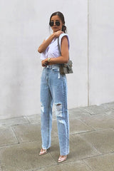 Blue Bleach Washed Distressed Straight Leg Jeans - Holly-Jeans