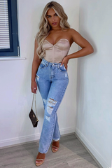 Blue Bleach Washed Distressed Straight Leg Jeans - Holly-Jeans