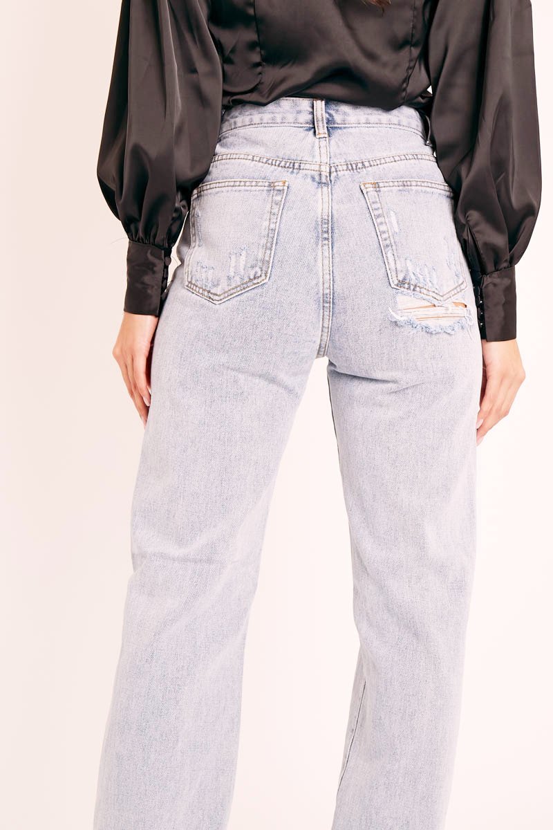 Blue Bleached Distressed Back Denim Jeans - Imogen-Jeans