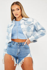 Blue Brushed Checked Cropped Shacket - Carina-Shacket