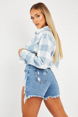 Blue Brushed Checked Cropped Shacket - Carina-Shacket