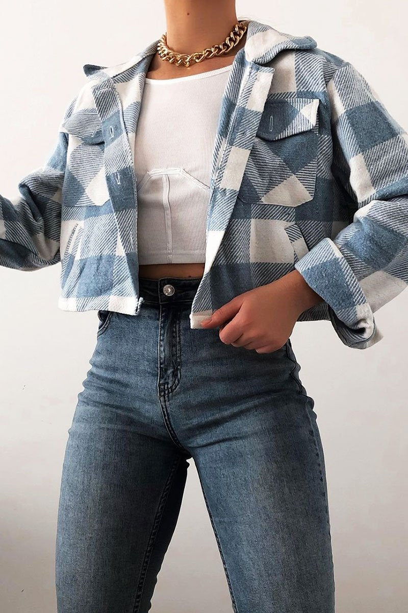 Blue Brushed Checked Cropped Shacket - Carina-Shacket