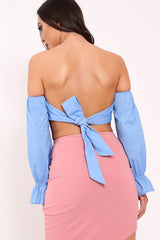 Blue Buckle Front Extreme Bardot Crop Top - Theora-Crop Tops