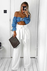 Blue Buckle Front Extreme Bardot Crop Top - Theora-Crop Tops