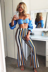 Blue Buckle Front Extreme Bardot Crop Top - Theora-Crop Tops