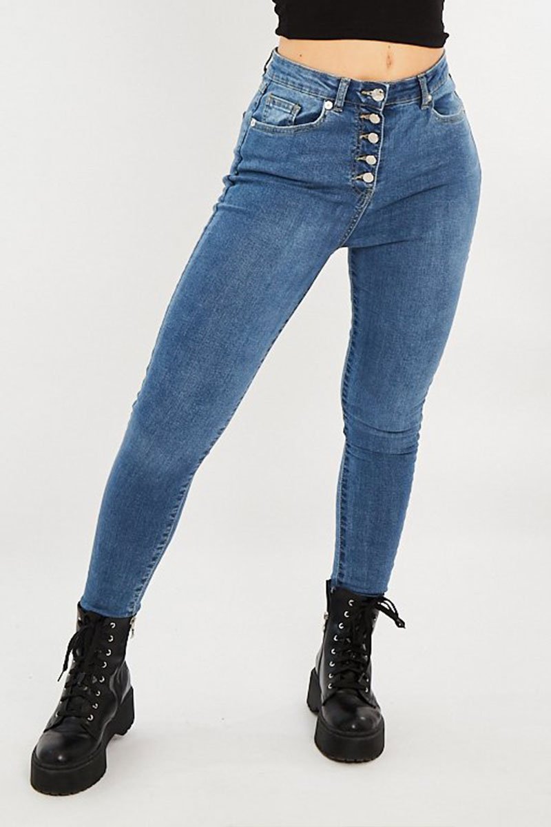Blue Button Fly Skinny Jeans - Ellah-Jeans