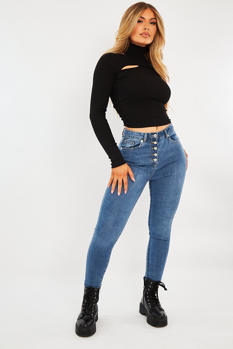 Blue Button Fly Skinny Jeans - Ellah