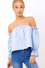 Blue Button Up Bardot Crop Top - LuLu-Crop Tops