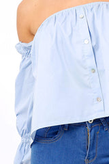 Blue Button Up Bardot Crop Top - LuLu-Crop Tops