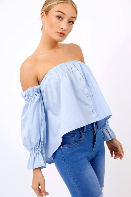 Blue Button Up Bardot Crop Top - LuLu