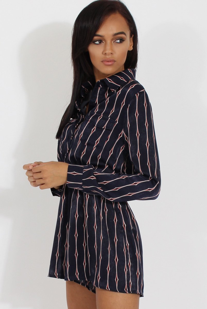 Blue Button Up Diamond Pattern Playsuit - Jessica-Playsuits